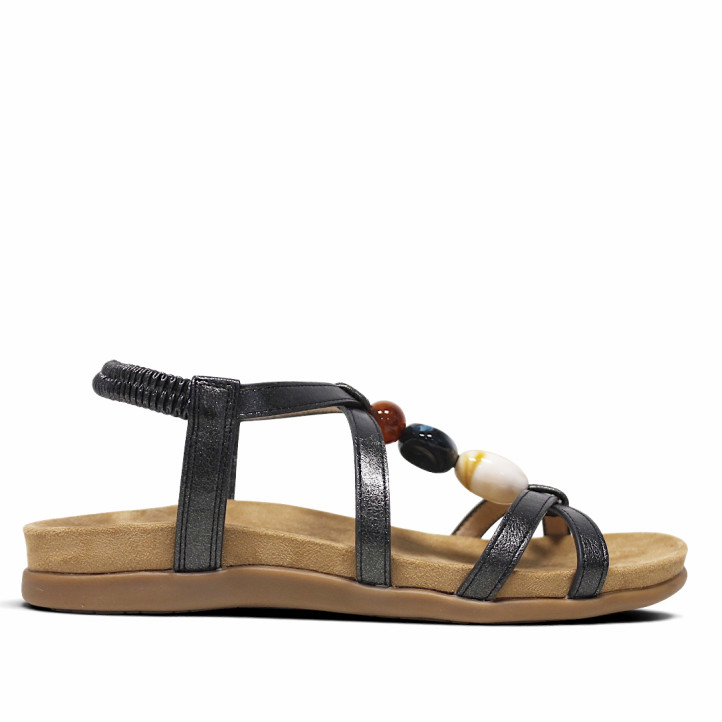 Sandàlies planes Amarpies negres amb tires creuades i detalls de pedres de colors - Querol online