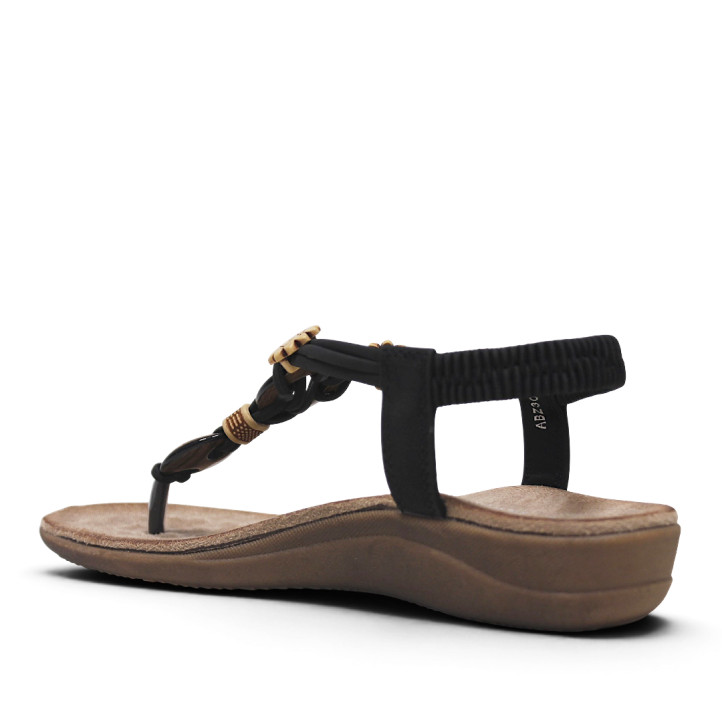 Sandàlies planes Amarpies negres amb aplics de fusta rondons i en forma de flor - Querol online