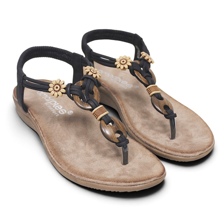 Sandalias planas Amarpies negras con apliques de madera redondos y en forma de flor - Querol online