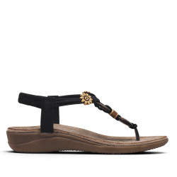Sandalias planas Amarpies negras con apliques de madera redondos y en forma de flor - Querol online