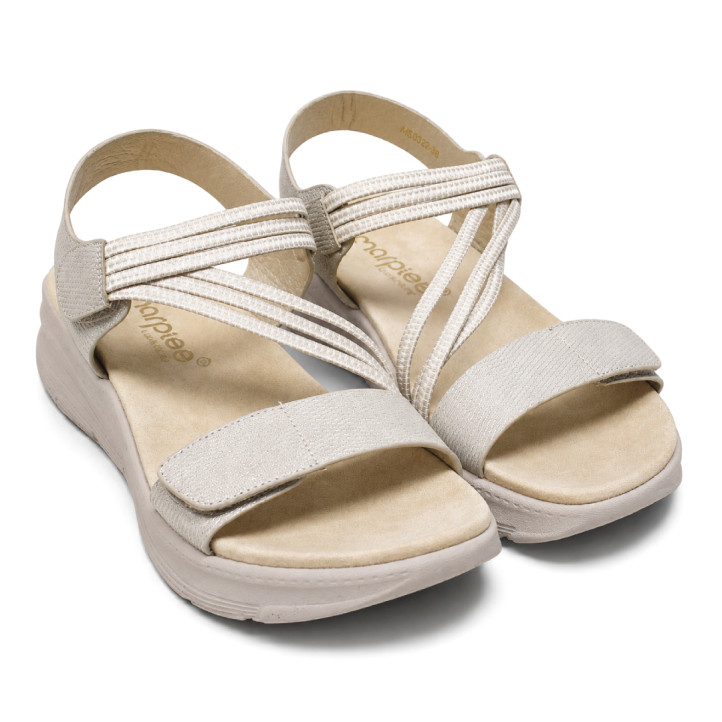Sandalias cuña Amarpies beige con tiras cruzadas elásticas y doble cierre con velcro - Querol online