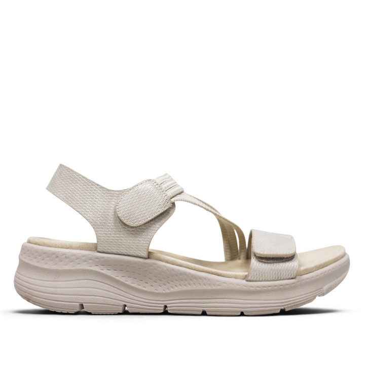 Sandalias cuña Amarpies beige con tiras cruzadas elásticas y doble cierre con velcro - Querol online