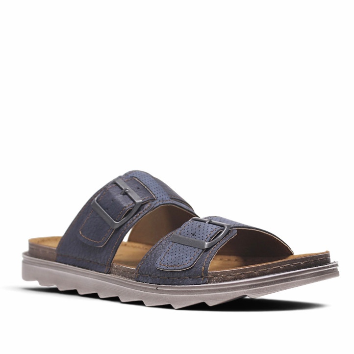 Sandalias In Blu azules con tiras troqueladas con doble hebilla - Querol online