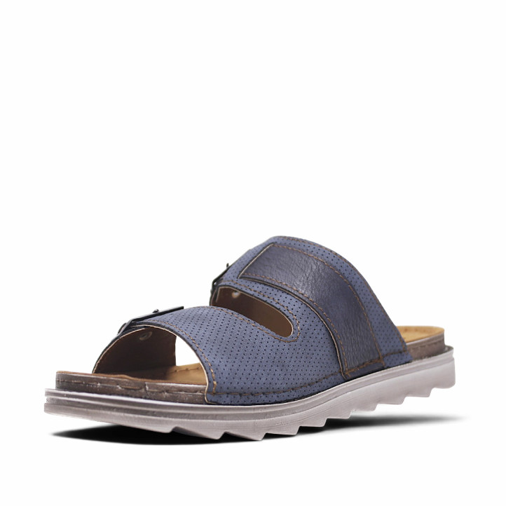 Sandalias In Blu azules con tiras troqueladas con doble hebilla - Querol online