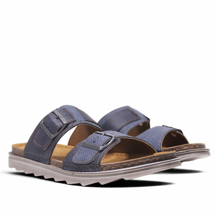 Sandalias In Blu azules con tiras troqueladas con doble hebilla - Querol online