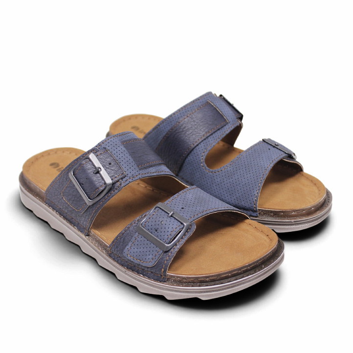 Sandalias In Blu azules con tiras troqueladas con doble hebilla - Querol online