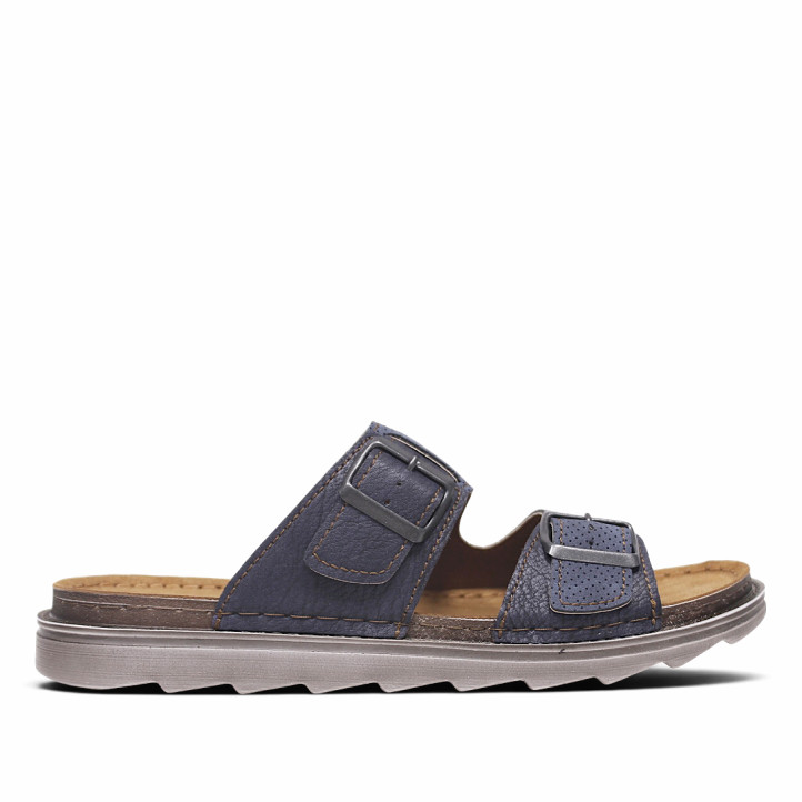 Sandalias In Blu azules con tiras troqueladas con doble hebilla - Querol online