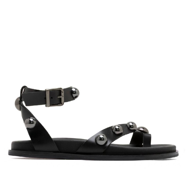 SANDALIA PLANA DE PIEL TACHUELAS HOLLY NEGRO PORRONET - Querol online