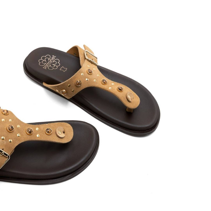 SANDALIA PLANA DE PIEL ESCLAVA HARPER CAMEL PORRONET - Querol online
