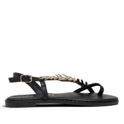 Sandalias planas Querol negras con aplique dorado en forma de hojas - Querol online