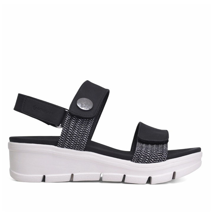 Sandalias cuña Amarpies negras con triple velcro y detalle metálico lateral - Querol online
