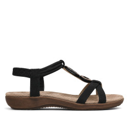 Sandalias planas Amarpies negras con doble aplique de madera y pulsera elástica - Querol online