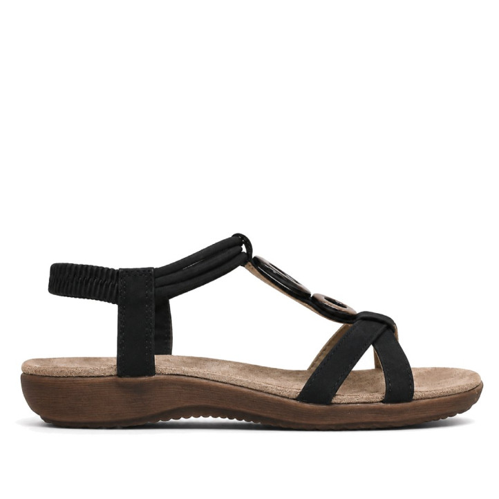 Sandalias planas Amarpies negras con doble aplique de madera y pulsera elástica - Querol online