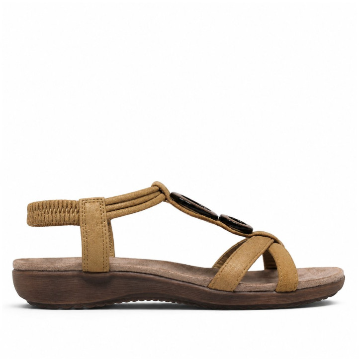 Sandàlies planes Amarpies marrons amb doble aplic de fusta i pulsera elàstica - Querol online