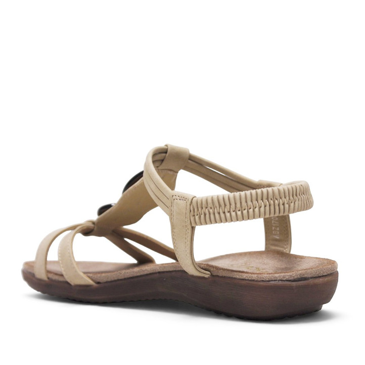 Sandalias planas Amarpies beige con doble aplique de madera y pulsera elástica - Querol online