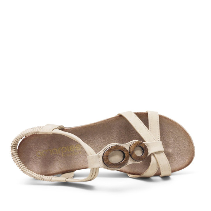 Sandalias planas Amarpies beige con doble aplique de madera y pulsera elástica - Querol online