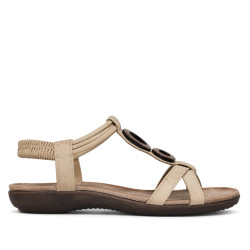 Sandalias planas Amarpies beige con doble aplique de madera y pulsera elástica - Querol online