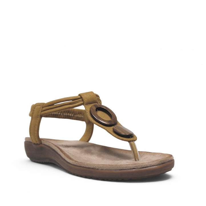 Sandalias planas Amarpies marrones con brillos tira al dedo y aplique de madera - Querol online