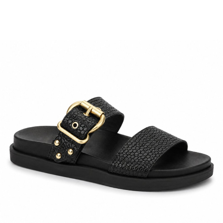 Sandalias planas Yokono morena negras con hebilla dorada y textura - Querol online