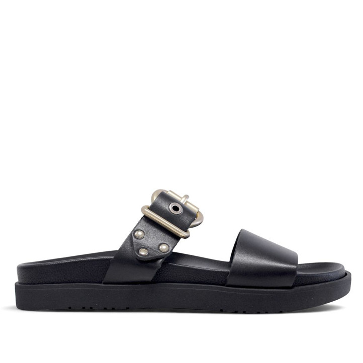 Sandalias planas Yokono morena negras con hebilla dorada y textura - Querol online