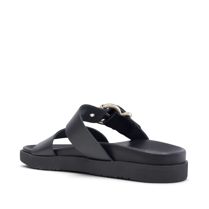 Sandalias planas Yokono morena negras con hebilla dorada y textura - Querol online