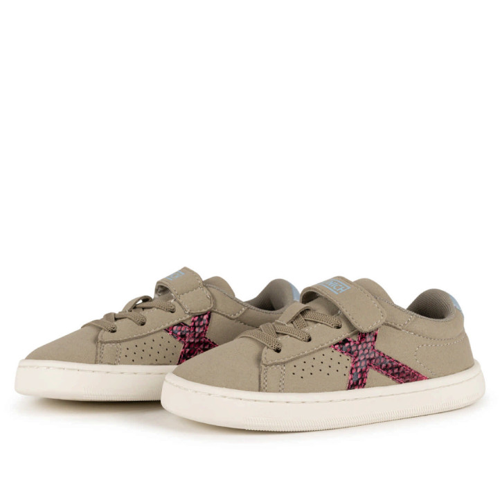 Zapatillas deporte Munich Mini Open infantiles beige con velcro y detalles fucsia - Querol online