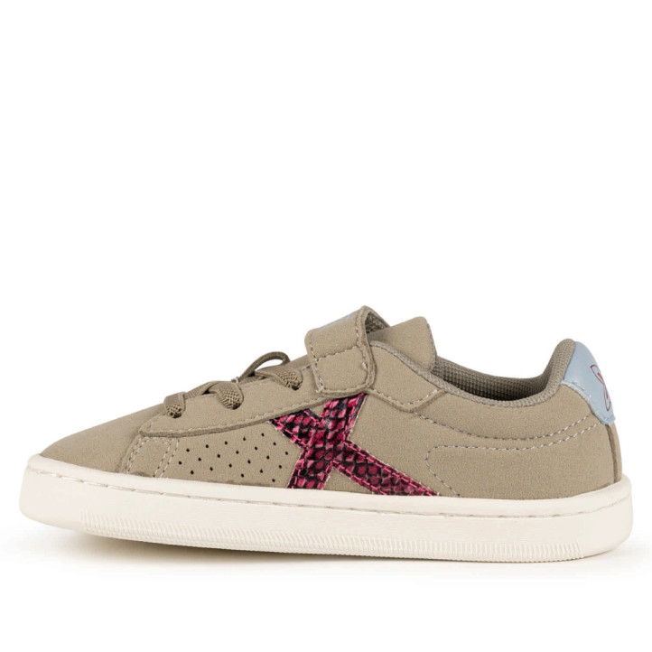 Zapatillas deporte Munich Mini Open infantiles beige con velcro y detalles fucsia - Querol online