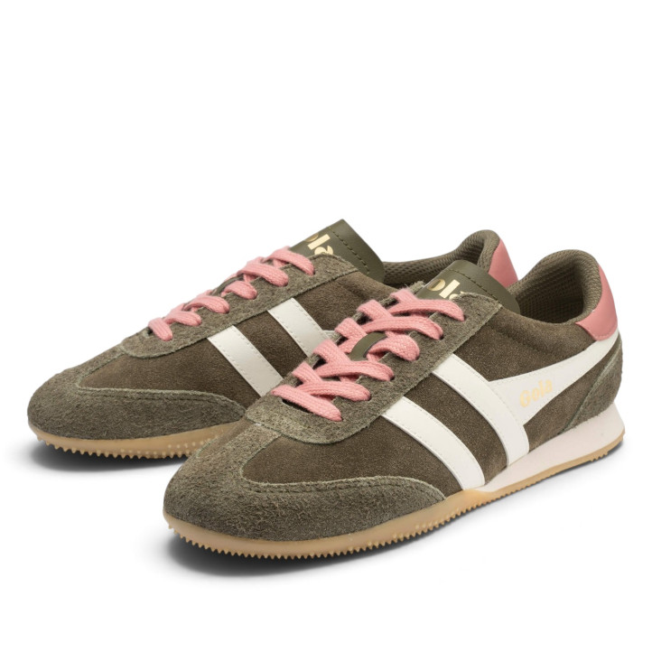 Zapatillas deportivas Gola Sprinter Suede de mujer verdes con detalles rosas - Querol online