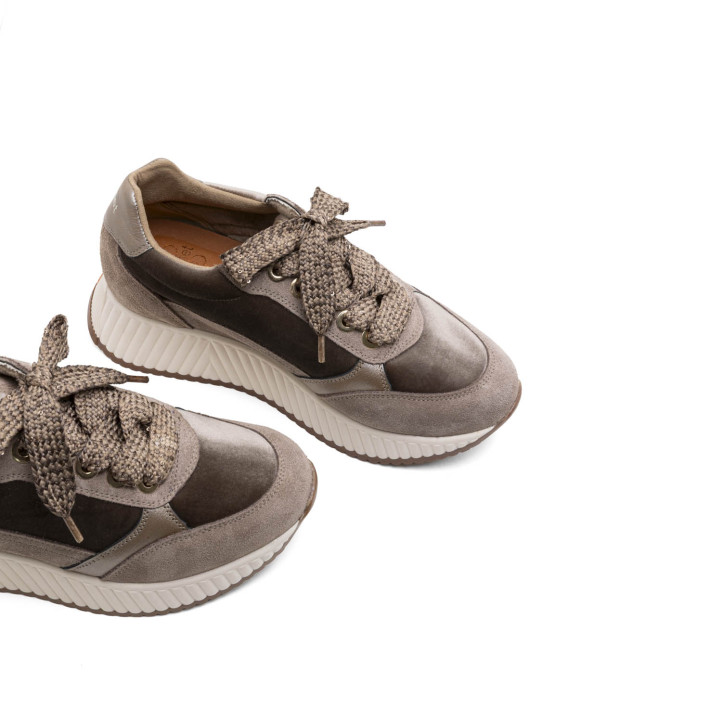 DEPORTIVAS PLANAS DE PIEL Y TERCIOPELO ZOE GRIS PORRONET - Querol online
