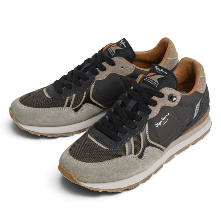 Sabatilles Pepe Jeans Brit d'home grises i negres de camussa estil retro running - Querol online