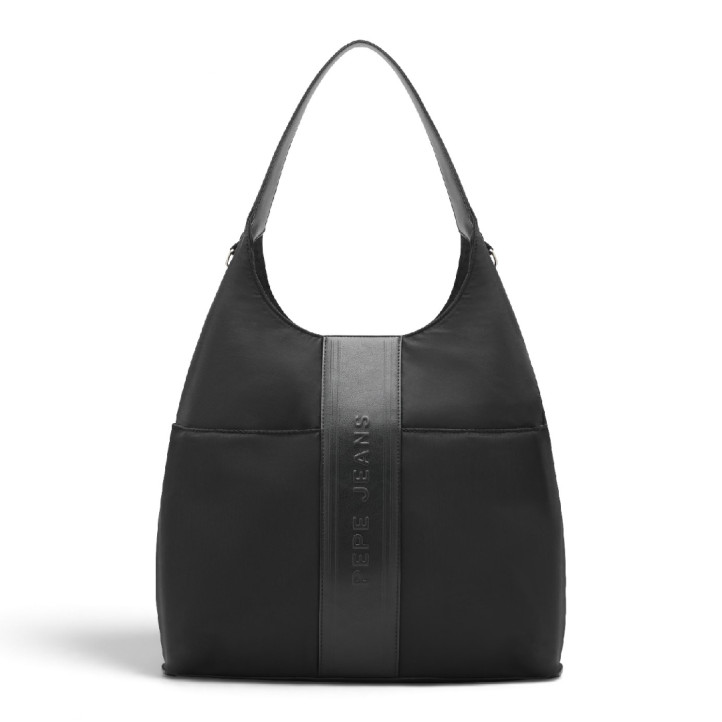 Bolso Pepe Jeans hobo de mujer negro con bandolera y logo en relieve - Querol online