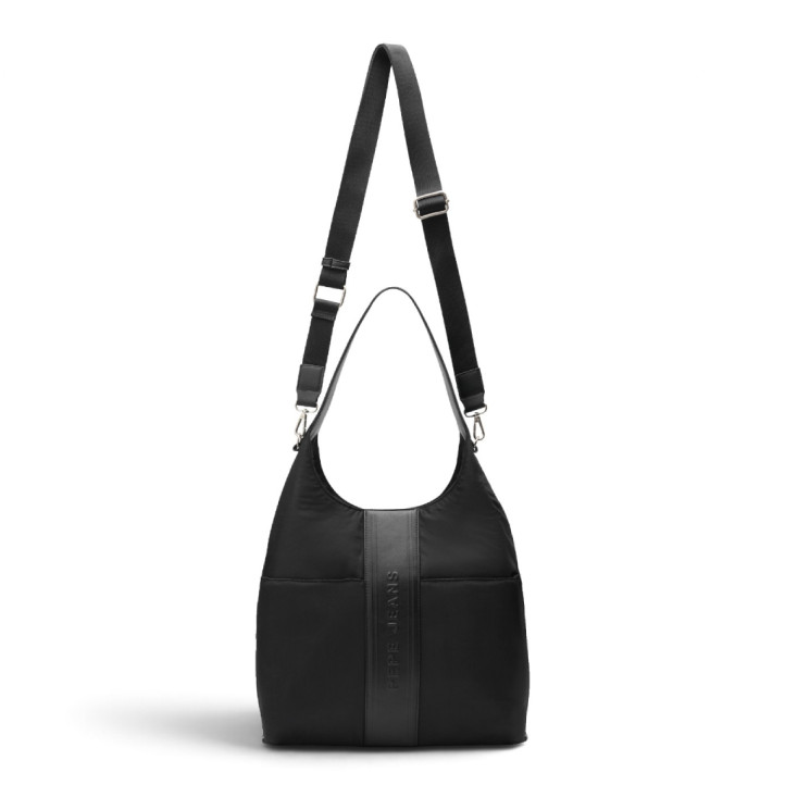Bolso Pepe Jeans hobo de mujer negro con bandolera y logo en relieve - Querol online
