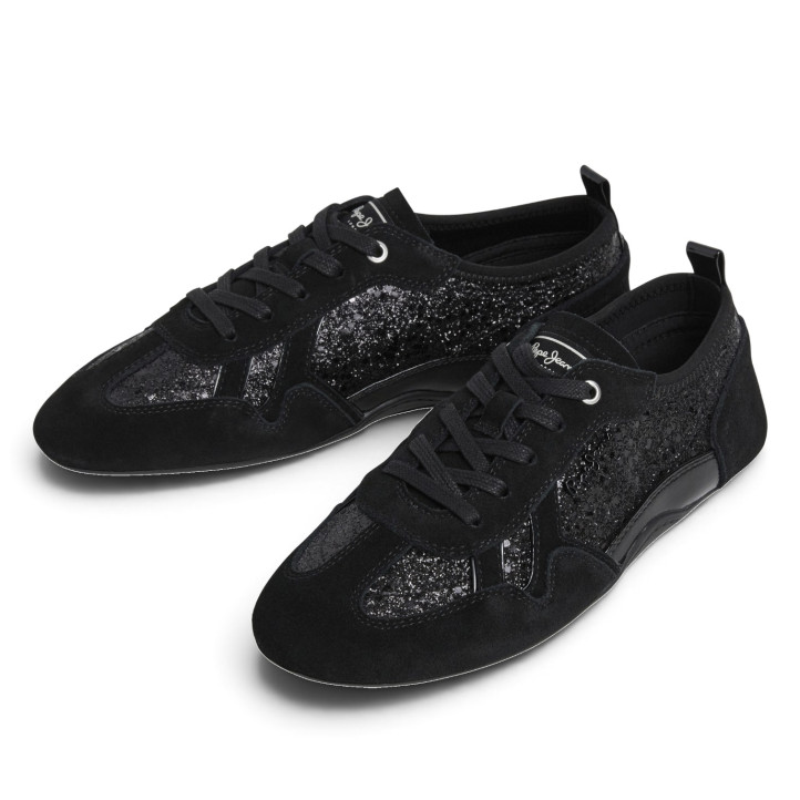 Zapatillas Pepe Jeans Noa de mujer negras con glitter y detalles de ante - Querol online