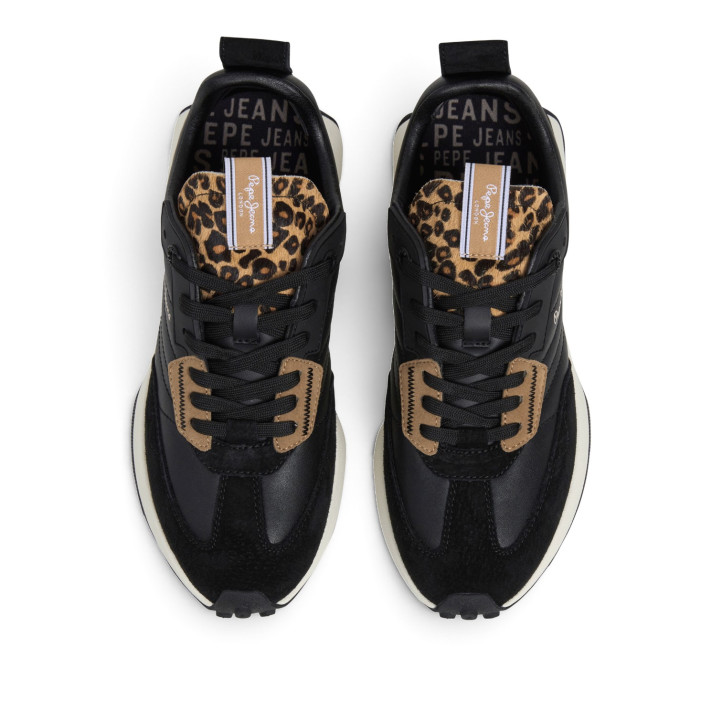 Zapatillas Pepe Jeans Lucky de mujer negras con ante y detalle animal print - Querol online