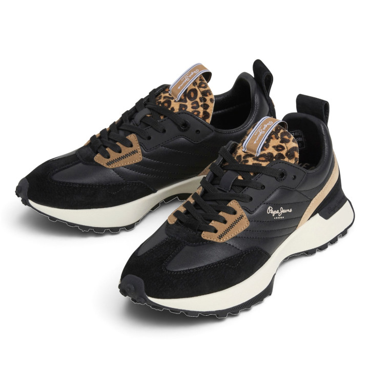 Zapatillas Pepe Jeans Lucky de mujer negras con ante y detalle animal print - Querol online