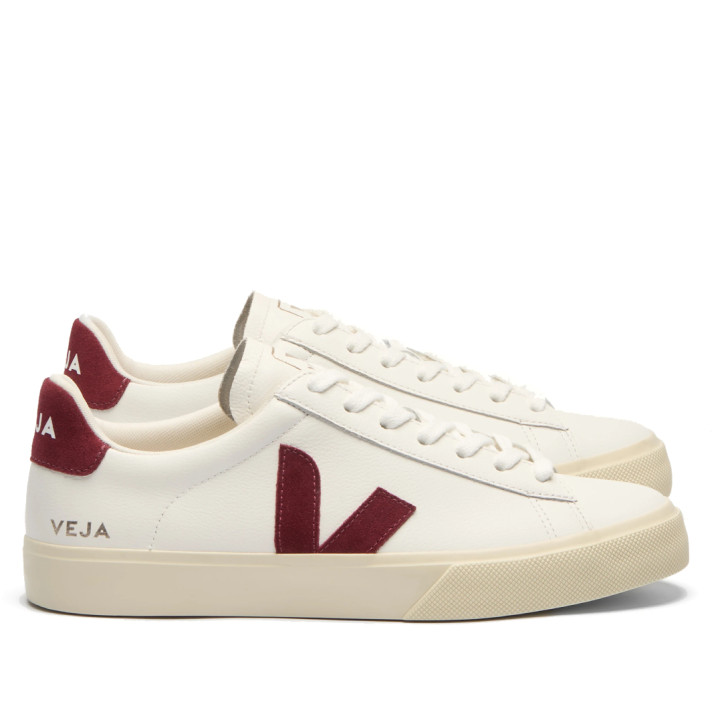 Zapatillas VEJA Campo de mujer blancas de piel con detalles granates - Querol online