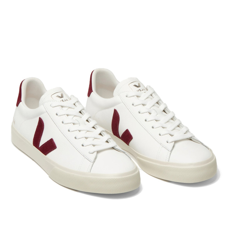 Zapatillas VEJA Campo de mujer blancas de piel con detalles granates - Querol online
