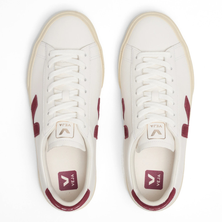 Zapatillas VEJA Campo de mujer blancas de piel con detalles granates - Querol online