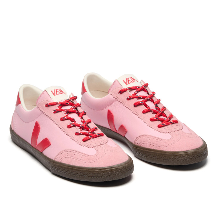Zapatillas VEJA Volley de mujer rosas de piel con detalles rojos - Querol online