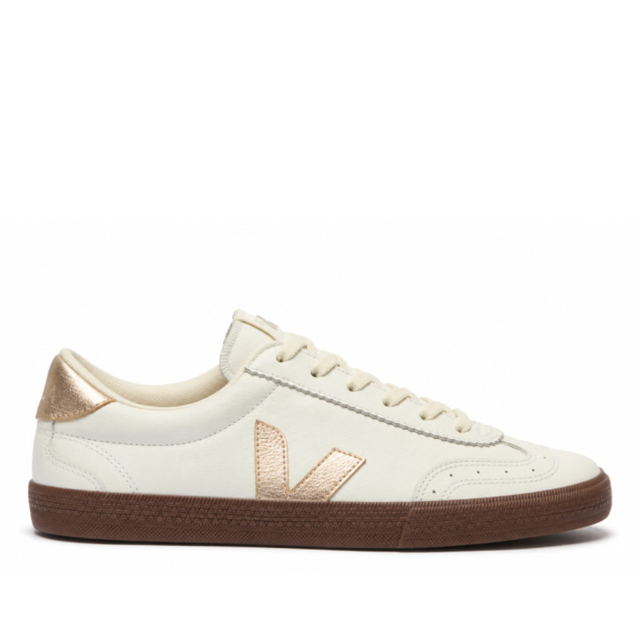 Zapatillas VEJA Volley de mujer blancas de piel con detalles dorados y suela marrón - Querol online
