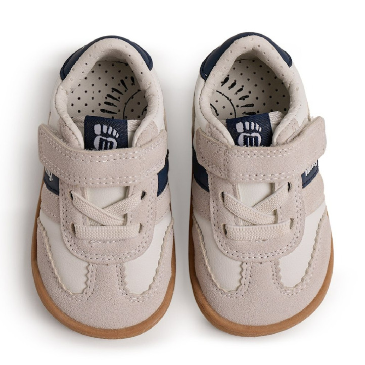 Sabatilles Mustang barefoot Free de nen blanques i beix amb detalls blau marí - Querol online
