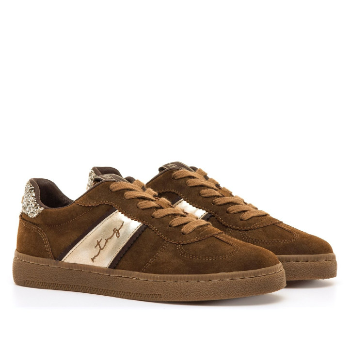 Zapatillas Mustang Roy de mujer marrones con detalles dorados y glitter - Querol online