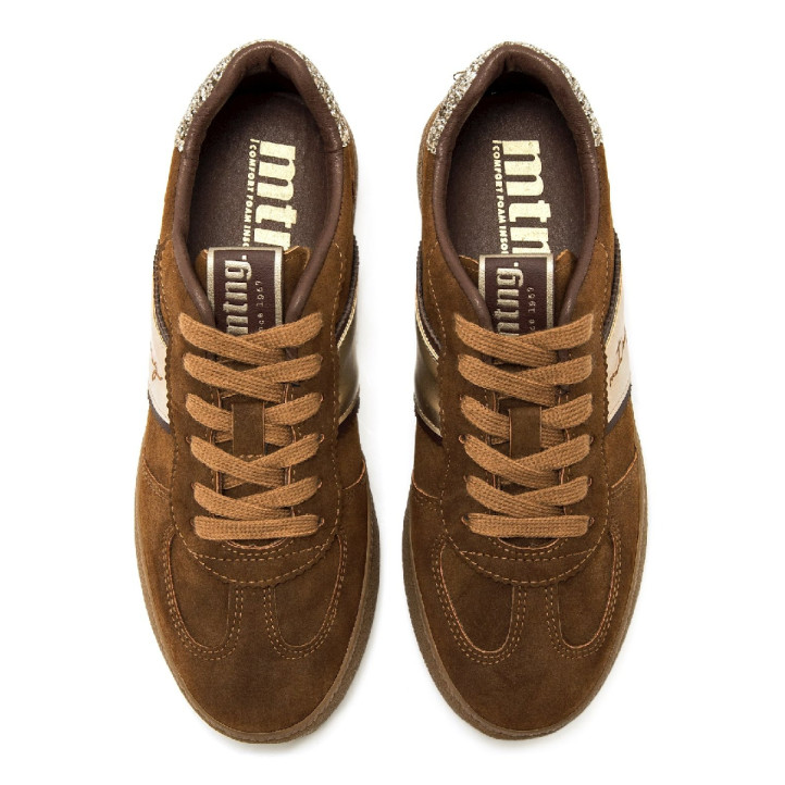 Zapatillas Mustang Roy de mujer marrones con detalles dorados y glitter - Querol online