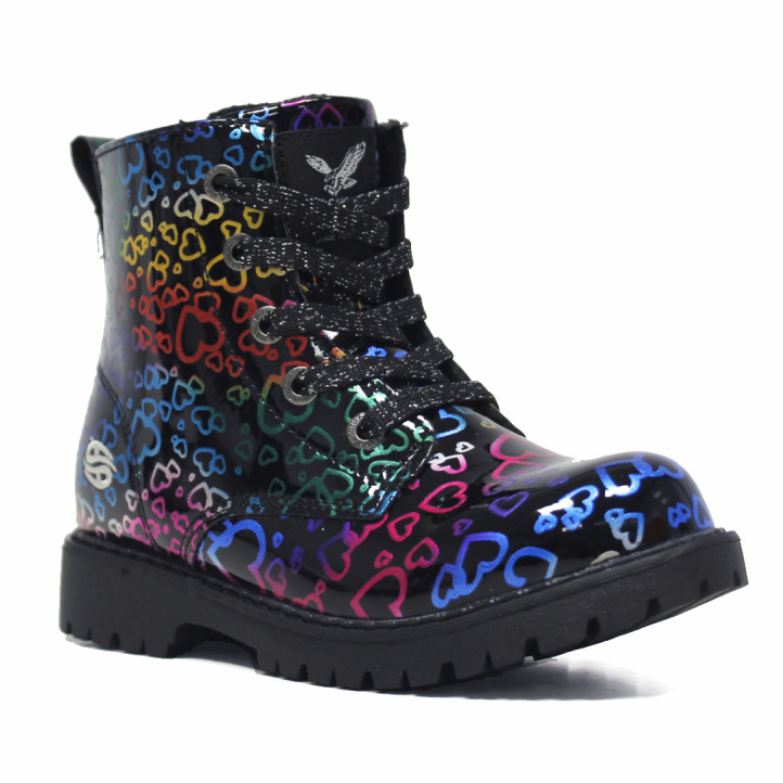 Botines DOCKERS militares de niña negros con corazones multicolor y acabado brillante - Querol online