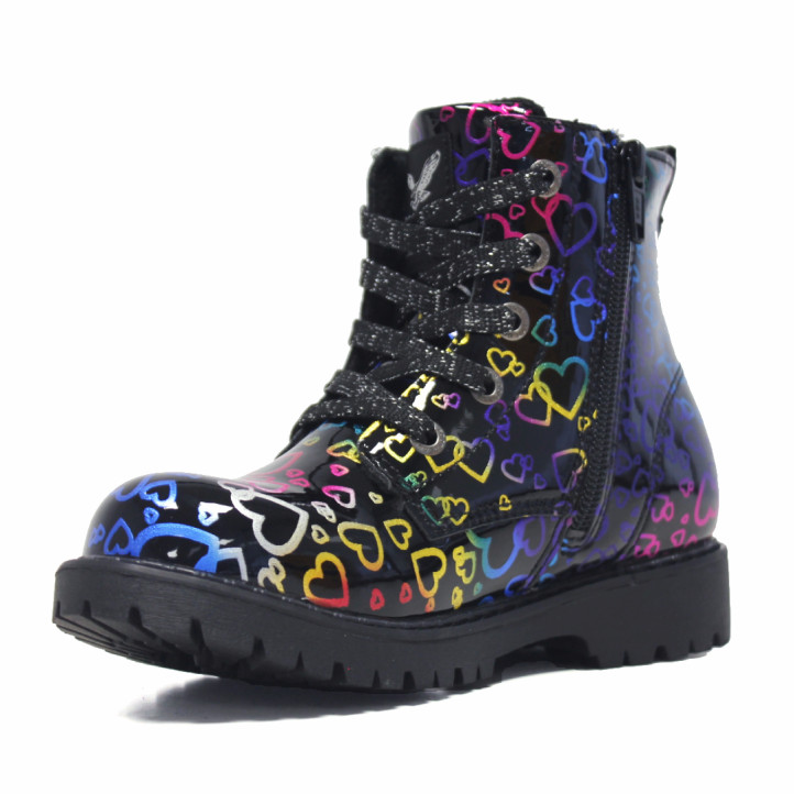Botins DOCKERS militars de nena negres amb cors multicolor i acabat brillant - Querol online