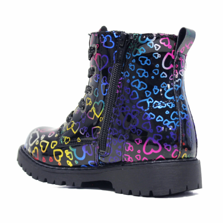Botins DOCKERS militars de nena negres amb cors multicolor i acabat brillant - Querol online