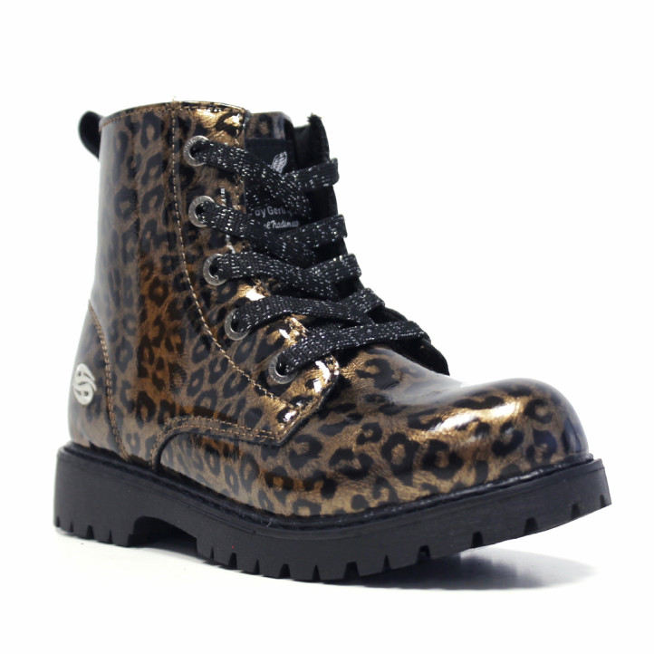 Botines DOCKERS militares de niña con estampado de leopardo dorado y acabado brillante - Querol online