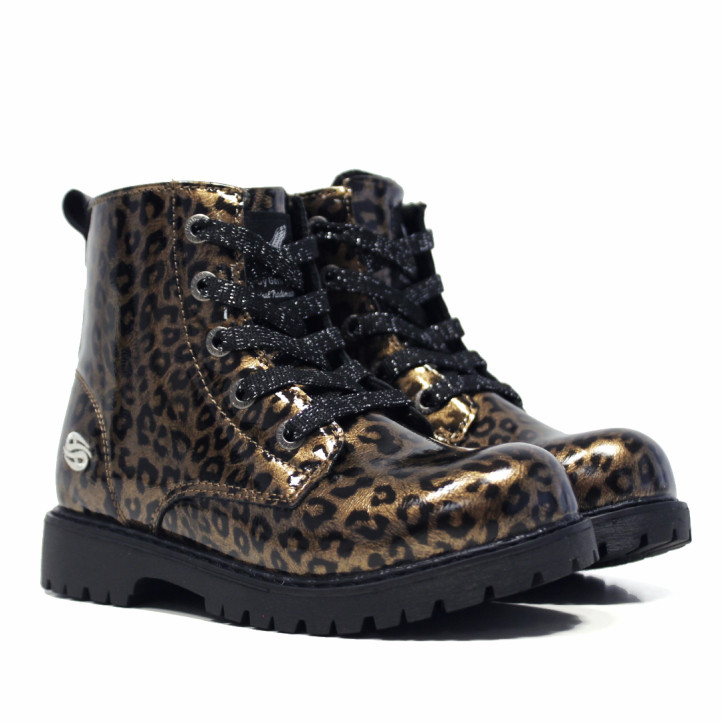 Botins DOCKERS militars de nena amb estampat de lleopard daurat i acabat brillant - Querol online