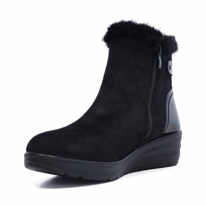 Botines Amarpies de mujer negros con cuña, pelo y cremallera lateral - Querol online