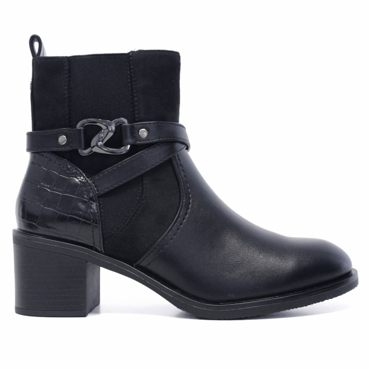 Botins de taló Amarpies de dona negres amb taló ample, elàstics i sivella decorativa - Querol online